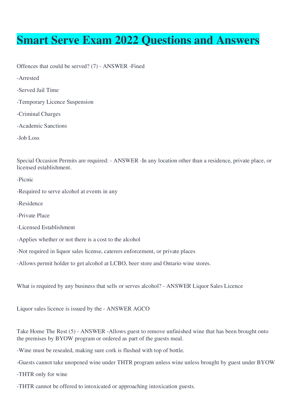 Preview image for Smart Serve Exam 2022 Questions and Answers